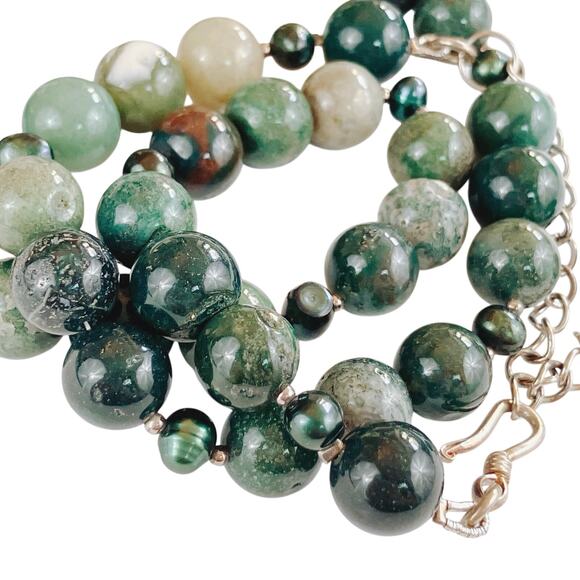 VTG Moss Agate and Peacock Pearl Beaded Artisan Necklace Y2K Natural Stone - Picture 1 of 10